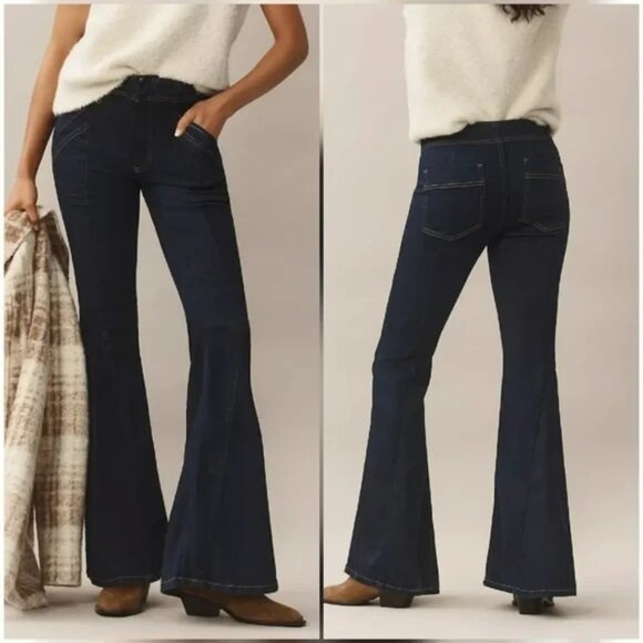 New $148 Anthropologie Pilcro Puddle Mid-Rise Dark Wash Bell Flare Jeans sz 4 27 - Picture 1 of 12
